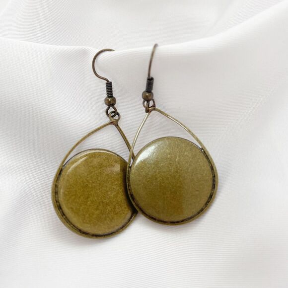 Upcycled Chinese Asian Fan Round Drop Earrings with Antique Bronze Metal Setting - Picture 2 of 3